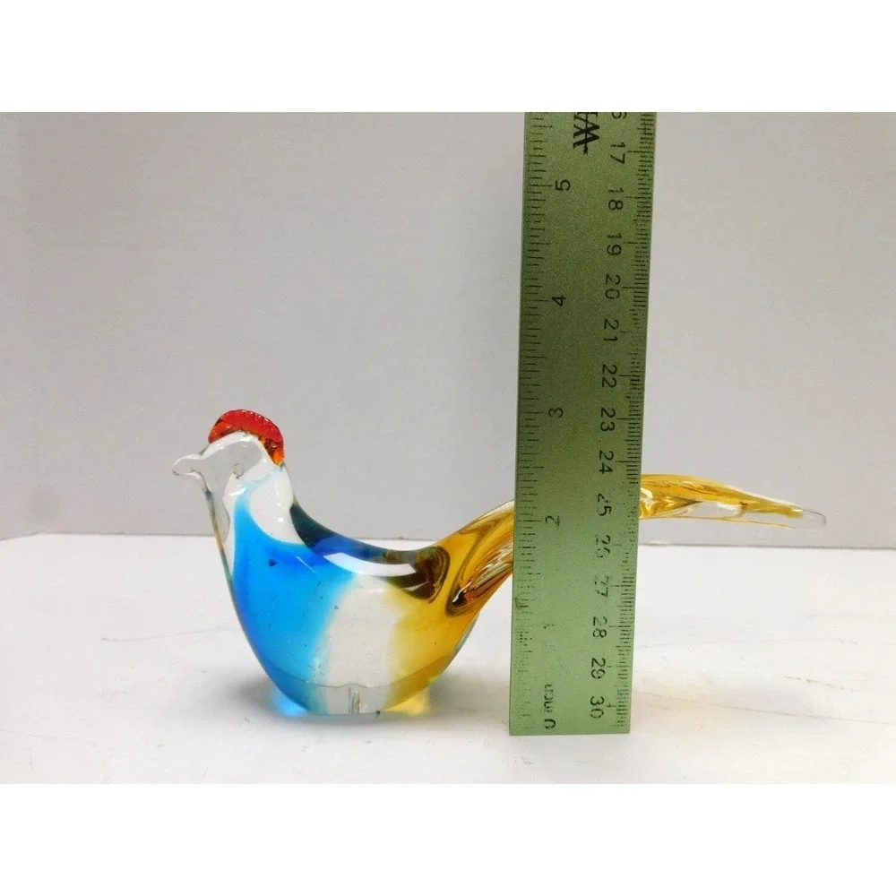 Vintage Art Glass Rooster Figurines Pair Blue Amber Green Hand Blown Birds DW740